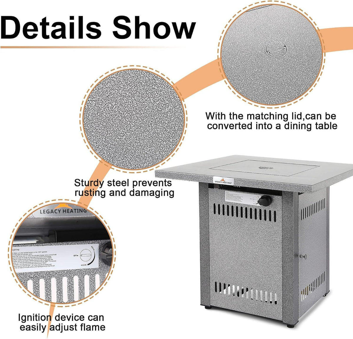 28 Inch Gas Fire Pit - Hammered Silver