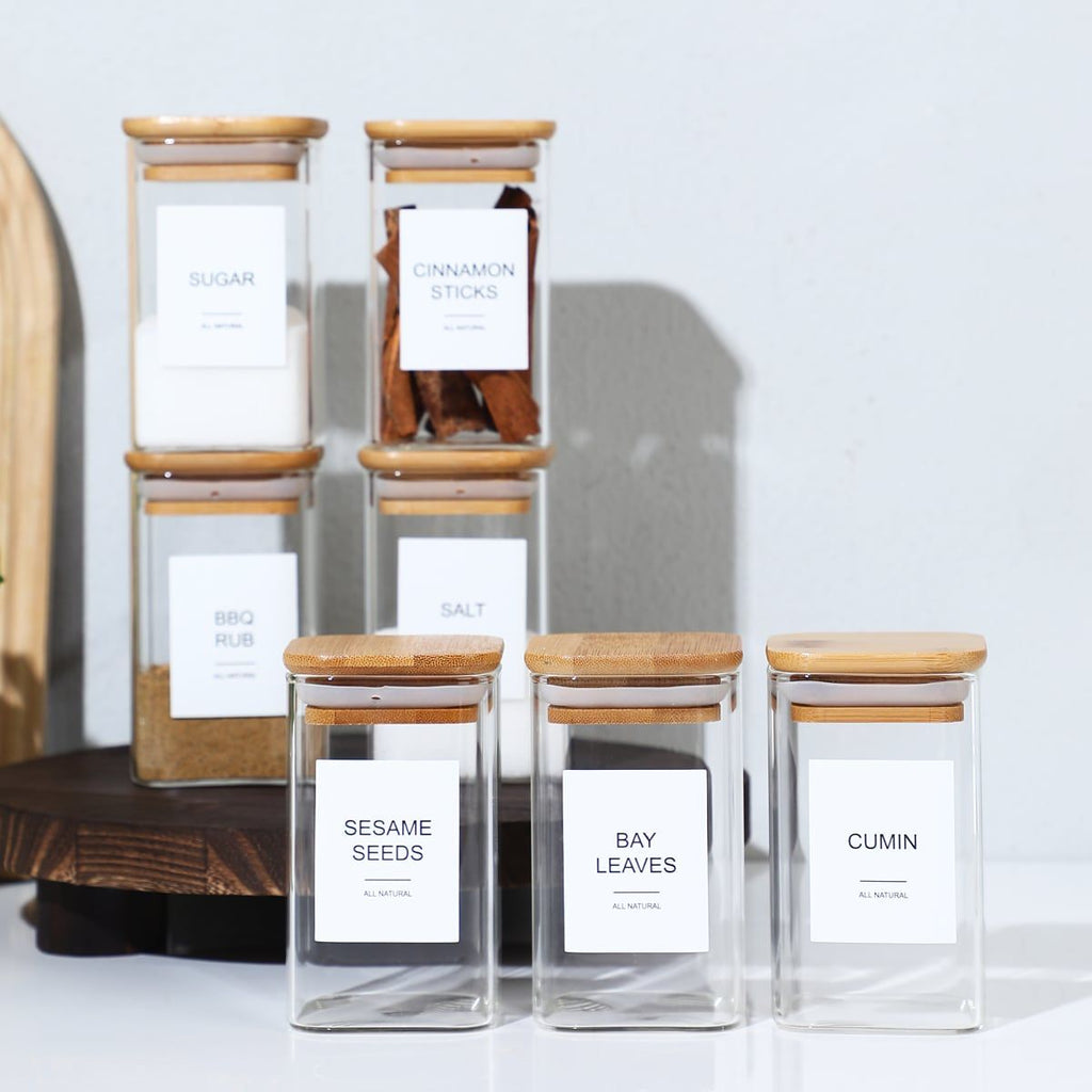 24 Pcs High Borosilicate Glass Spice Jar with Label and Bamboo Lid (24 x 8 Ounces), Spice Container with 72 Printed Labels and 20 Handwritten Labels, Empty Square Seasoning