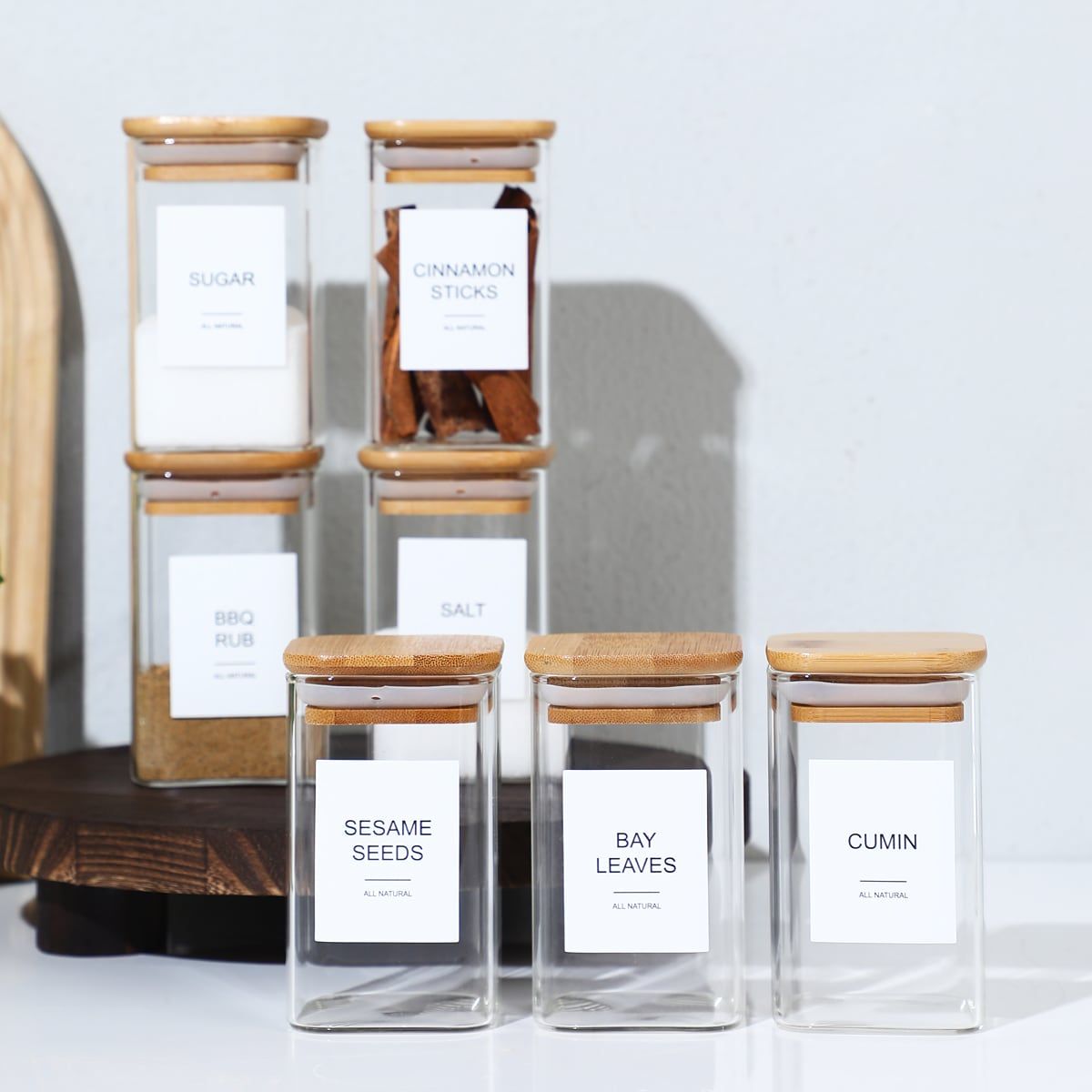 24 Pcs High Borosilicate Glass Spice Jar with Label and Bamboo Lid (24 x 8 Ounces), Spice Container with 72 Printed Labels and 20 Handwritten Labels, Empty Square Seasoning