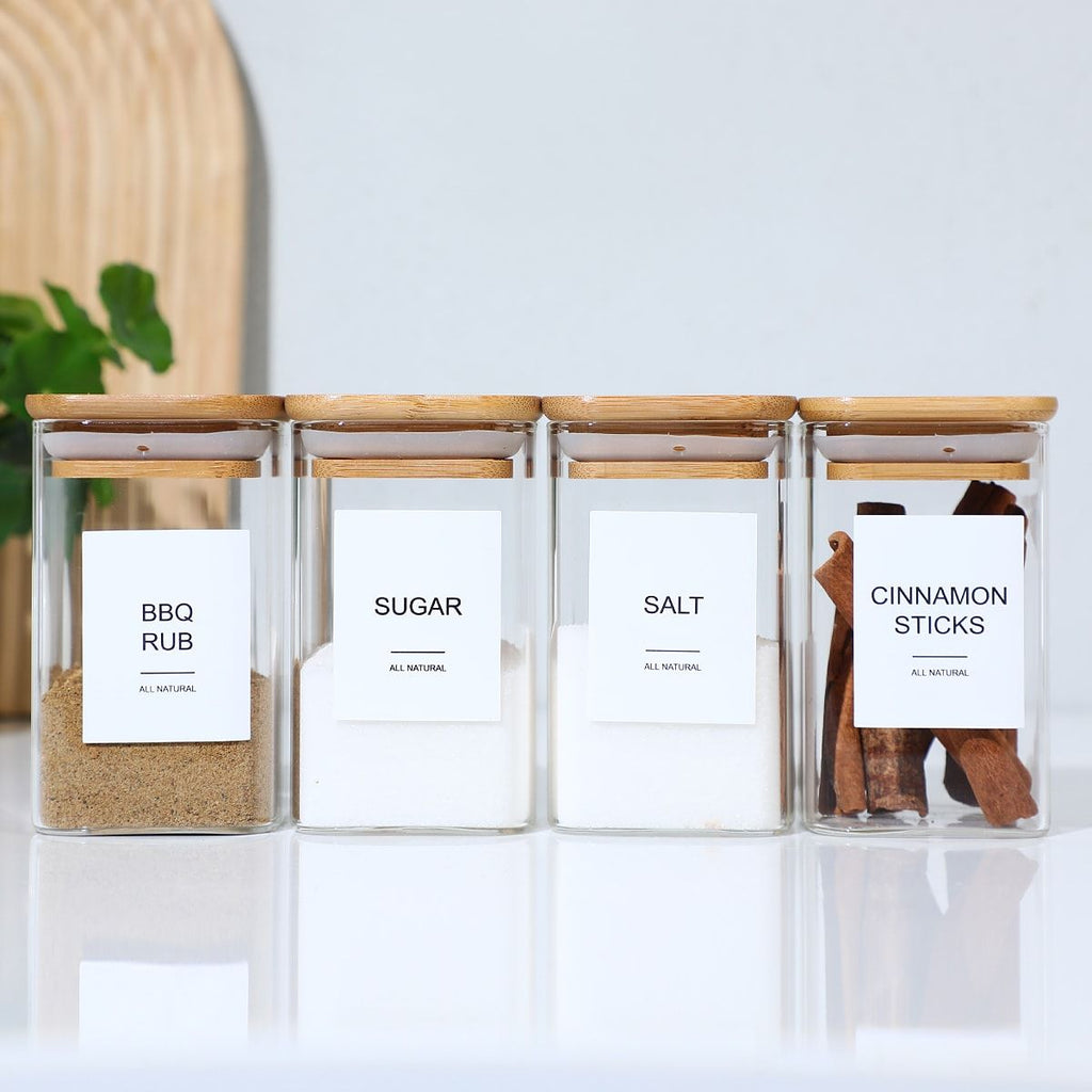 24 Pcs High Borosilicate Glass Spice Jar with Label and Bamboo Lid (24 x 8 Ounces), Spice Container with 72 Printed Labels and 20 Handwritten Labels, Empty Square Seasoning