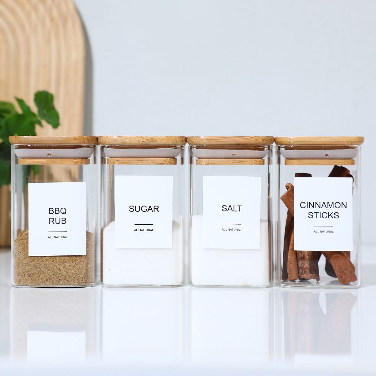 24 Pcs High Borosilicate Glass Spice Jar with Label and Bamboo Lid (24 x 8 Ounces), Spice Container with 72 Printed Labels and 20 Handwritten Labels, Empty Square Seasoning