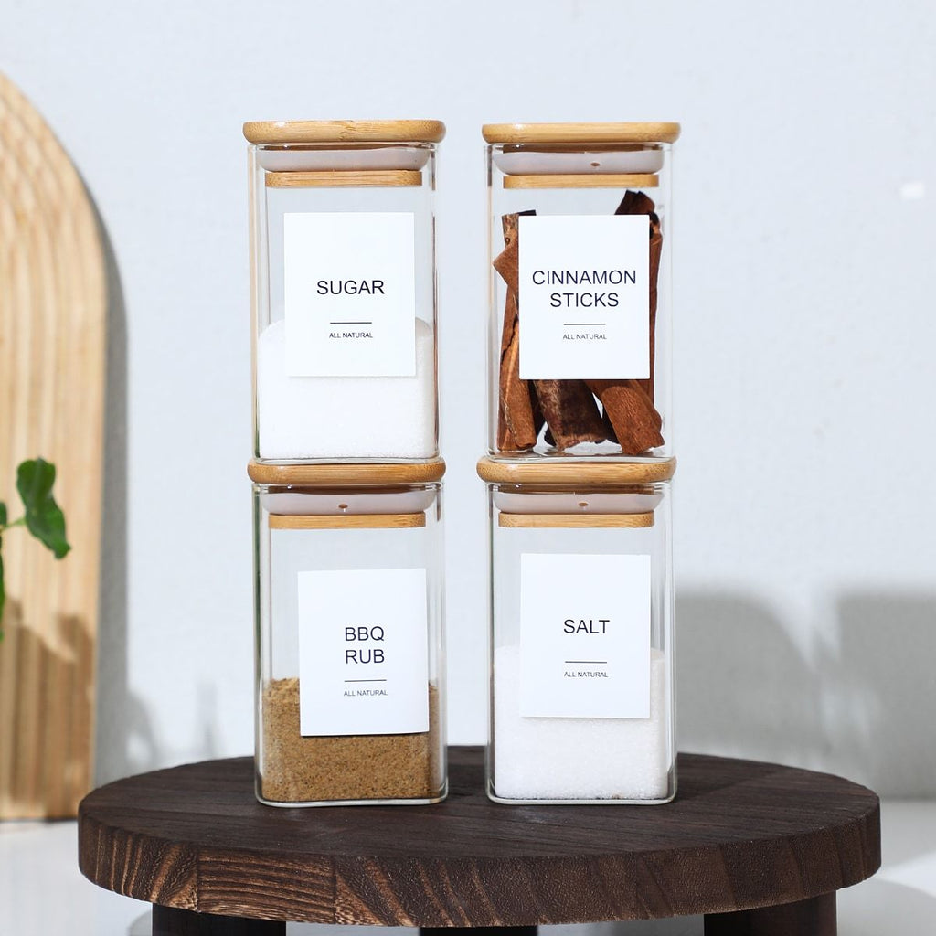 24 Pcs High Borosilicate Glass Spice Jar with Label and Bamboo Lid (24 x 8 Ounces), Spice Container with 72 Printed Labels and 20 Handwritten Labels, Empty Square Seasoning