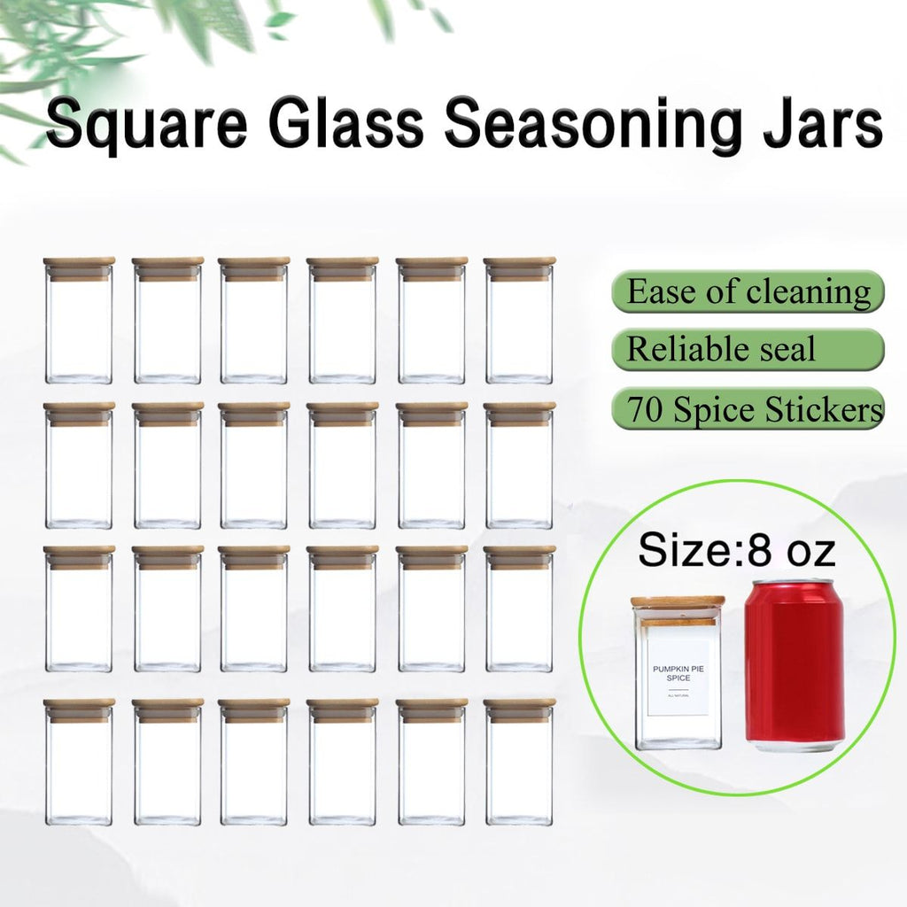 24 Pcs High Borosilicate Glass Spice Jar with Label and Bamboo Lid (24 x 8 Ounces), Spice Container with 72 Printed Labels and 20 Handwritten Labels, Empty Square Seasoning
