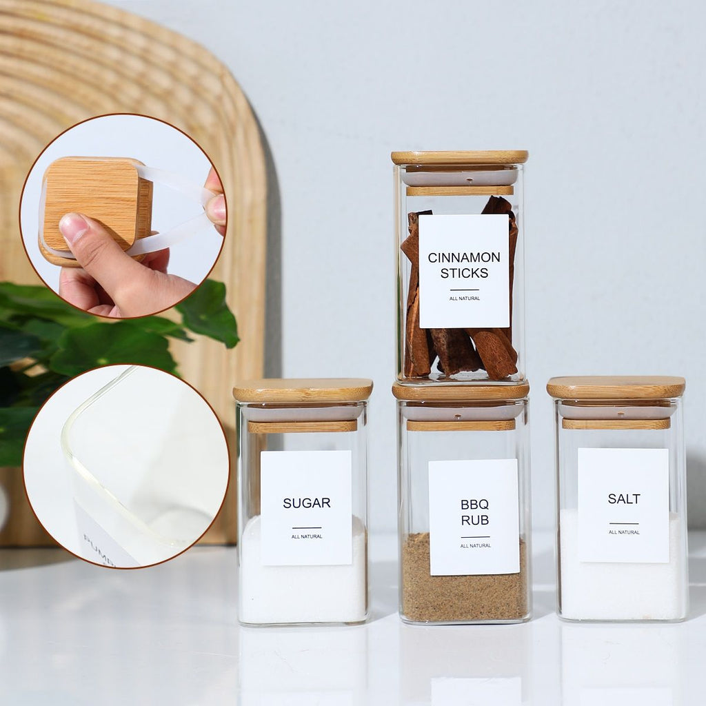 24 Pcs High Borosilicate Glass Spice Jar with Label and Bamboo Lid (24 x 8 Ounces), Spice Container with 72 Printed Labels and 20 Handwritten Labels, Empty Square Seasoning
