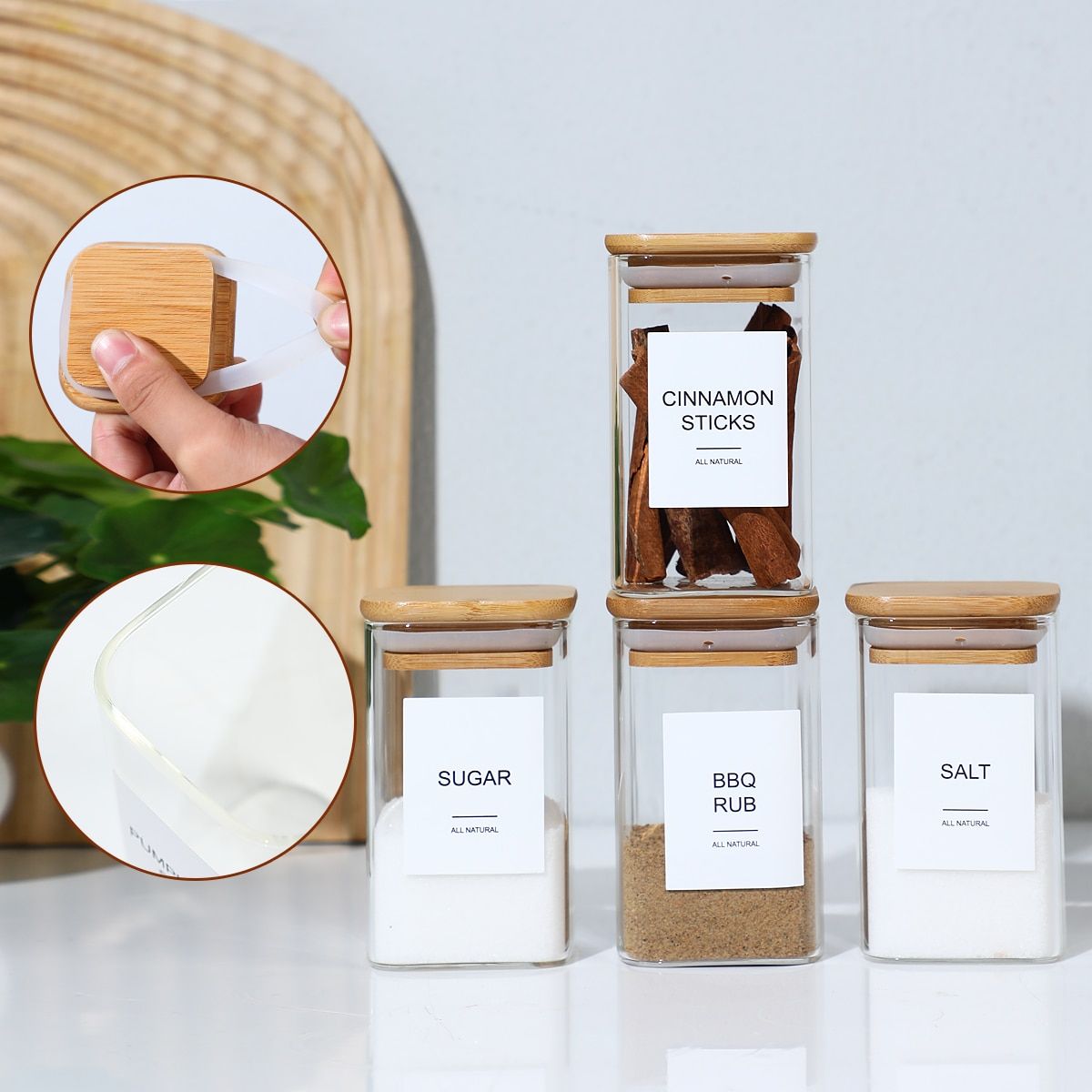 24 Pcs High Borosilicate Glass Spice Jar with Label and Bamboo Lid (24 x 8 Ounces), Spice Container with 72 Printed Labels and 20 Handwritten Labels, Empty Square Seasoning