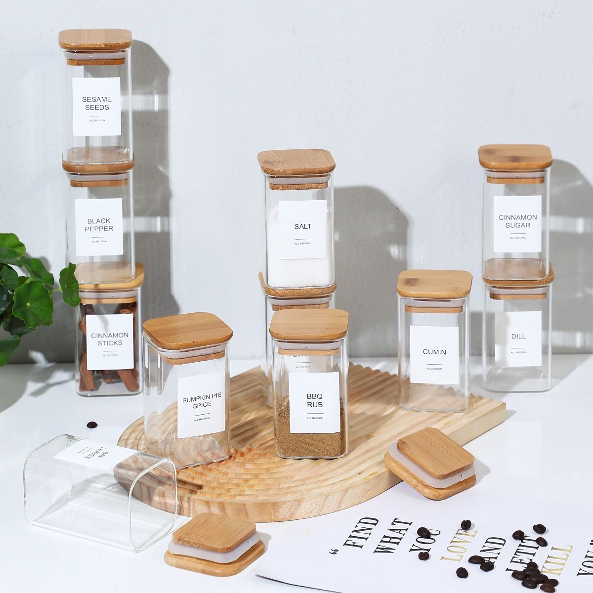 12 Pcs Empty Spice Jars with Label Pack (12x Bamboo Lid Glass Jar). Small 8oz Spice Storage Bottles with 72 Printed Spice Stickers and 20 Writable Pantry Labels for Seasoning Containers