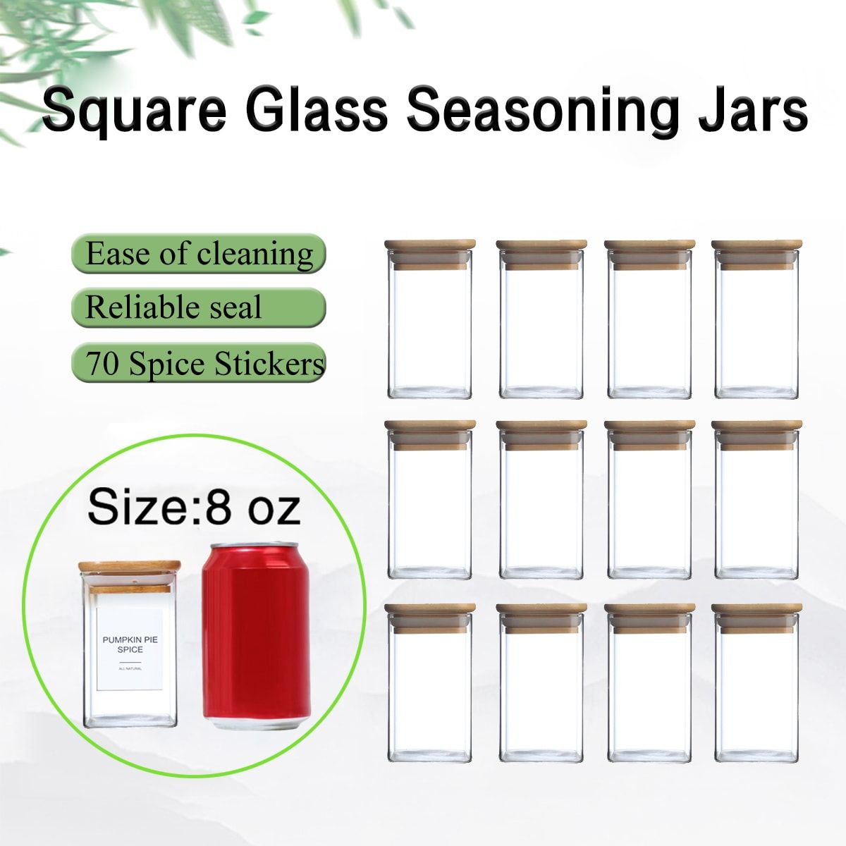 12 Pcs Empty Spice Jars with Label Pack (12x Bamboo Lid Glass Jar). Small 8oz Spice Storage Bottles with 72 Printed Spice Stickers and 20 Writable Pantry Labels for Seasoning Containers