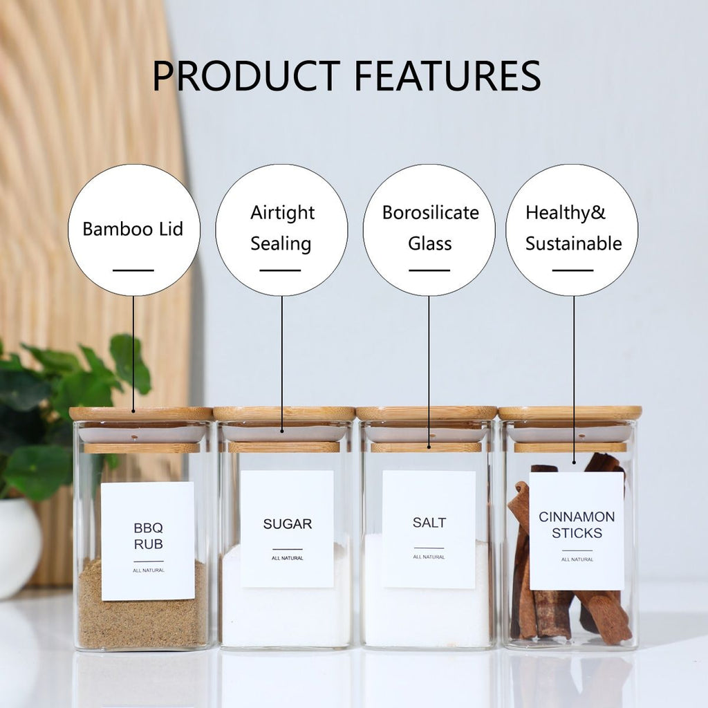 12 Pcs Empty Spice Jars with Label Pack (12x Bamboo Lid Glass Jar). Small 8oz Spice Storage Bottles with 72 Printed Spice Stickers and 20 Writable Pantry Labels for Seasoning Containers
