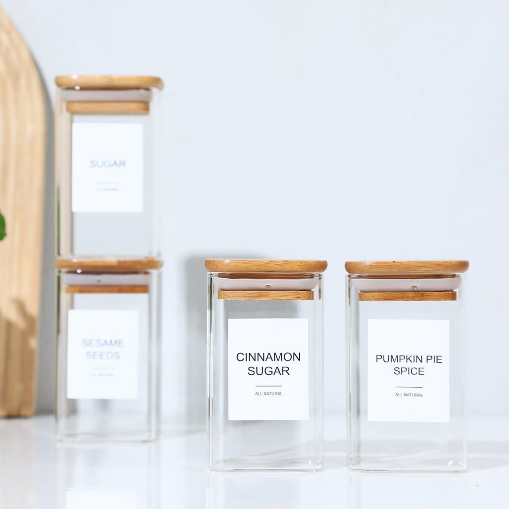 12 Pcs Empty Spice Jars with Label Pack (12x Bamboo Lid Glass Jar). Small 8oz Spice Storage Bottles with 72 Printed Spice Stickers and 20 Writable Pantry Labels for Seasoning Containers