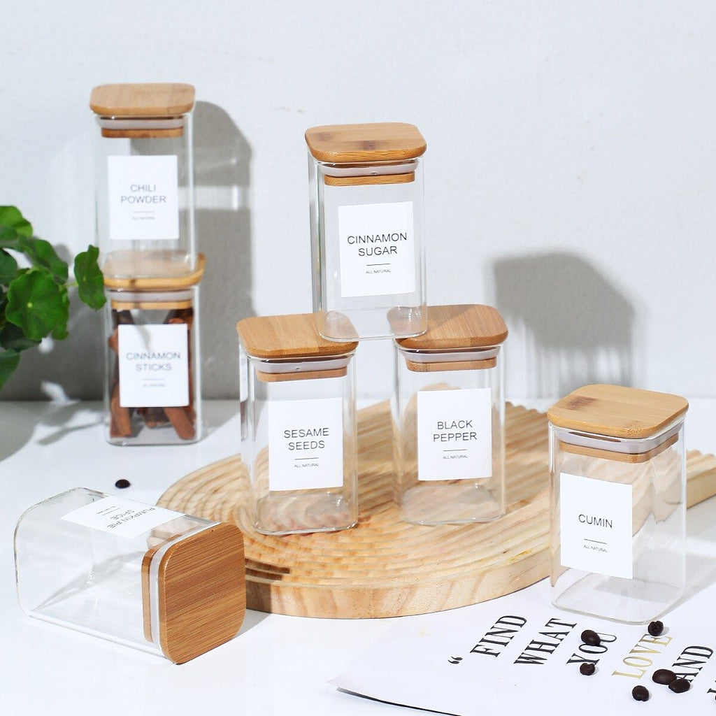 12 Pcs Empty Spice Jars with Label Pack (12x Bamboo Lid Glass Jar). Small 8oz Spice Storage Bottles with 72 Printed Spice Stickers and 20 Writable Pantry Labels for Seasoning Containers