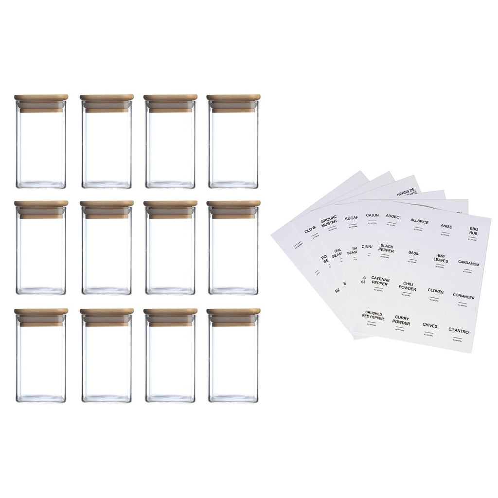 12 Pcs Empty Spice Jars with Label Pack (12x Bamboo Lid Glass Jar). Small 8oz Spice Storage Bottles with 72 Printed Spice Stickers and 20 Writable Pantry Labels for Seasoning Containers