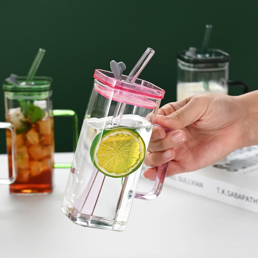 1 Pcs Pink Glass Straw Cup, 6 Colors Square Glass Cup With Straw And Lid, High Borosilicate Glass Cup, Milk Cup, Juice Cup, Cold Drink Cup, Coffee Cup, Tea Cup, Office Cup, Gift Cup