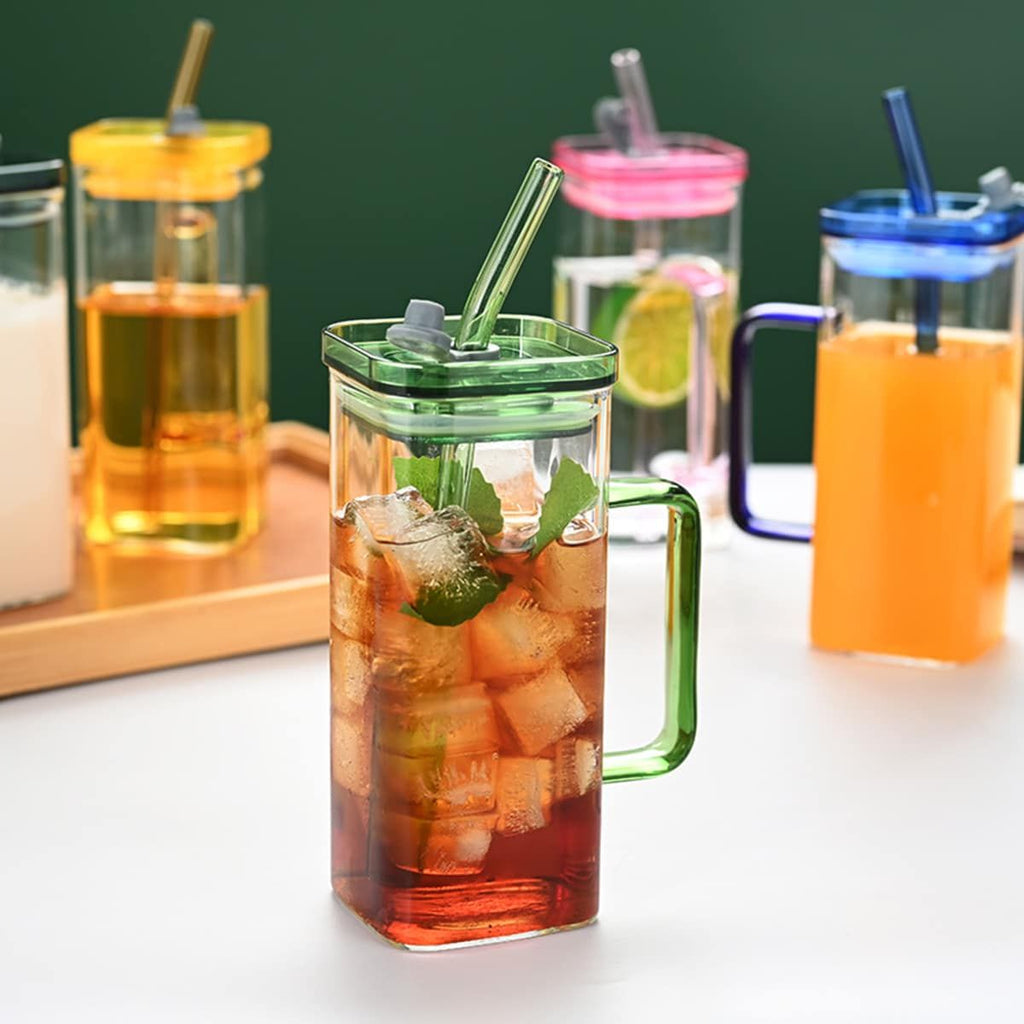 1 Pcs Pink Glass Straw Cup, 6 Colors Square Glass Cup With Straw And Lid, High Borosilicate Glass Cup, Milk Cup, Juice Cup, Cold Drink Cup, Coffee Cup, Tea Cup, Office Cup, Gift Cup