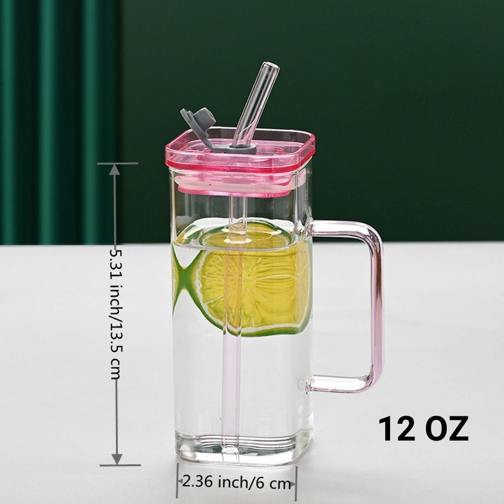 1 Pcs Pink Glass Straw Cup, 6 Colors Square Glass Cup With Straw And Lid, High Borosilicate Glass Cup, Milk Cup, Juice Cup, Cold Drink Cup, Coffee Cup, Tea Cup, Office Cup, Gift Cup