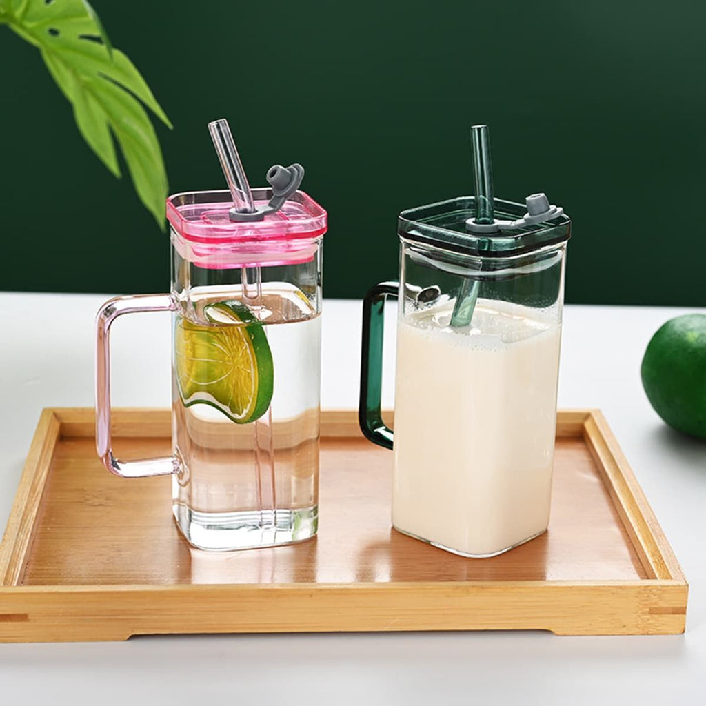 6 Pcs Glass Straw Cup, 6 Colors Square Glass Cup With Straw And Lid, High Borosilicate Glass Cup, Milk Cup, Juice Cup, Cold Drink Cup, Coffee Cup, Tea Cup, Office Cup, Gift Cup
