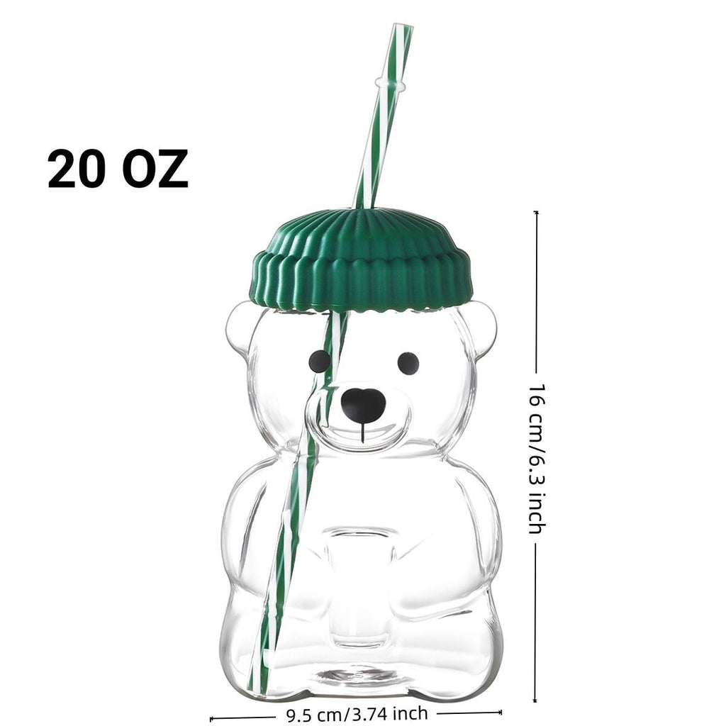 1 PCS 20 OZ Red Little Bear Glass Straw Cup High Borosilicate Heat-resistant Glass Cup For Juice, Milk and Cold drinks