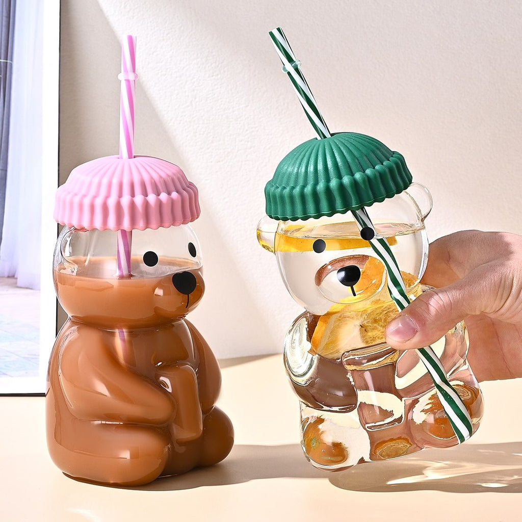 1 PCS 20 OZ Red Little Bear Glass Straw Cup High Borosilicate Heat-resistant Glass Cup For Juice, Milk and Cold drinks