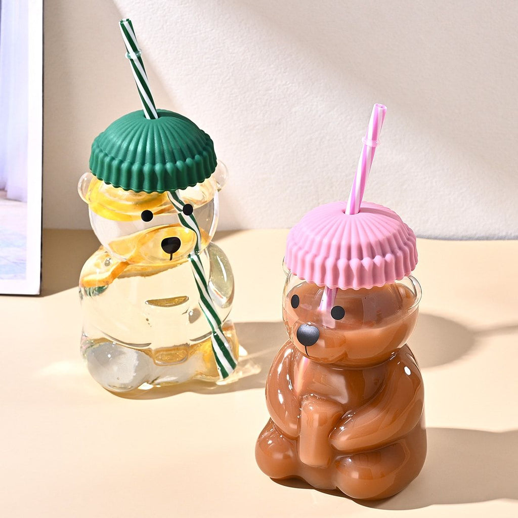 1 PCS 20 OZ Orange Little Bear Glass Straw Cup High Borosilicate Heat-resistant Glass Cup For Juice, Milk and Cold drinks