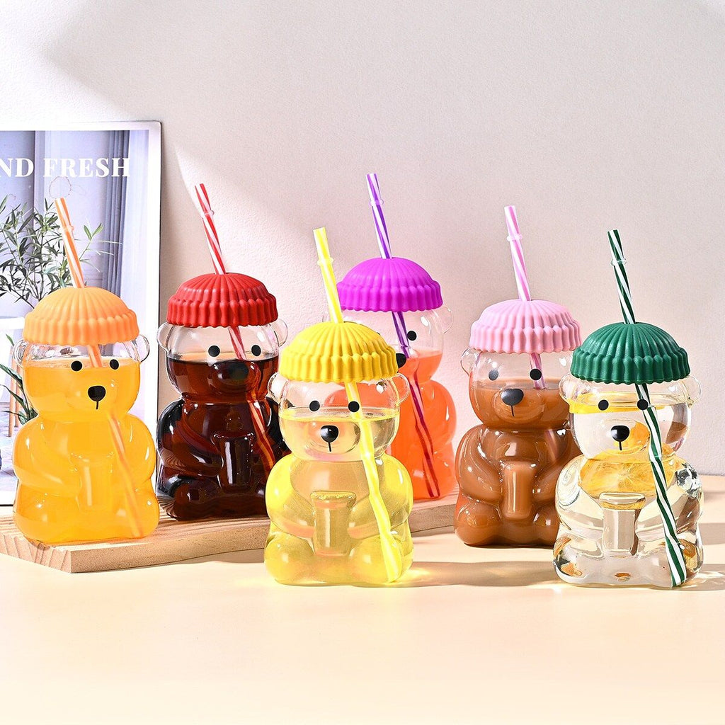 1 PCS 20 OZ Orange Little Bear Glass Straw Cup High Borosilicate Heat-resistant Glass Cup For Juice, Milk and Cold drinks