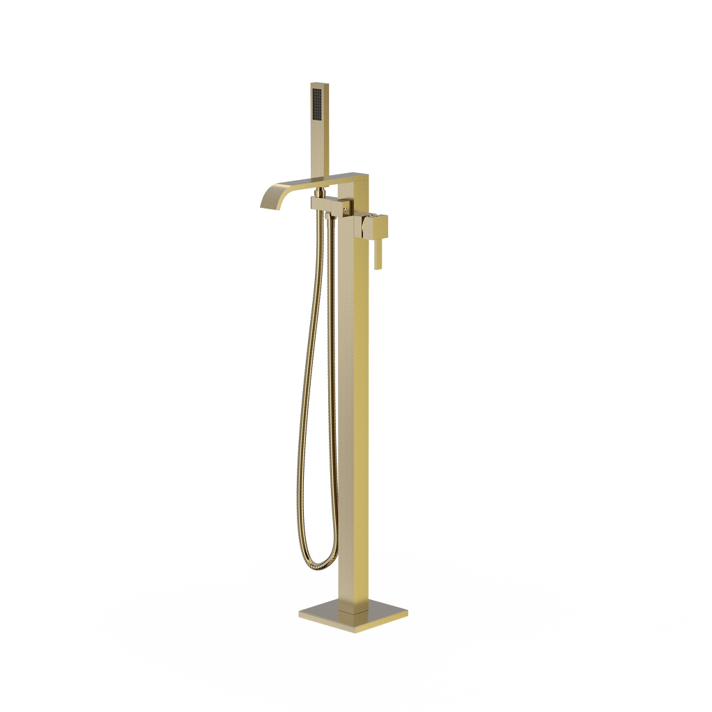 Freestanding Bathtub Faucet Tub Filler Brass Brushed Gold Floor Mount Faucets Brass Single Handle with Hand Shower High Flow