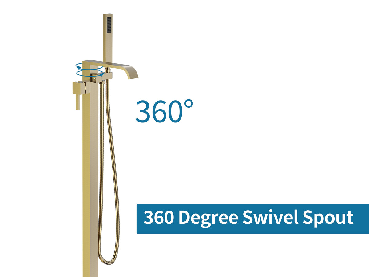 Freestanding Bathtub Faucet Tub Filler Brass Brushed Gold Floor Mount Faucets Brass Single Handle with Hand Shower High Flow