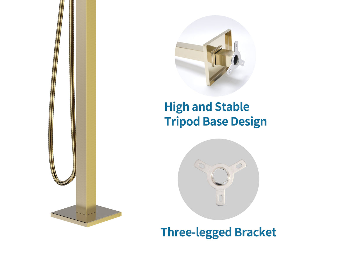 Freestanding Bathtub Faucet Tub Filler Brass Brushed Gold Floor Mount Faucets Brass Single Handle with Hand Shower High Flow