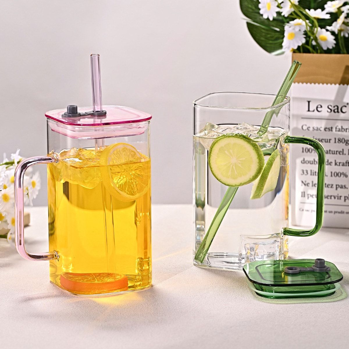 1 Pcs Pink Glass Straw Cup, 4 Colors Square Glass Cup With Straw And Lid, High Borosilicate Glass Cup, Milk Cup, Juice Cup, Cold Drink Cup, Coffee Cup, Tea Cup, Office Cup, Gift Cup