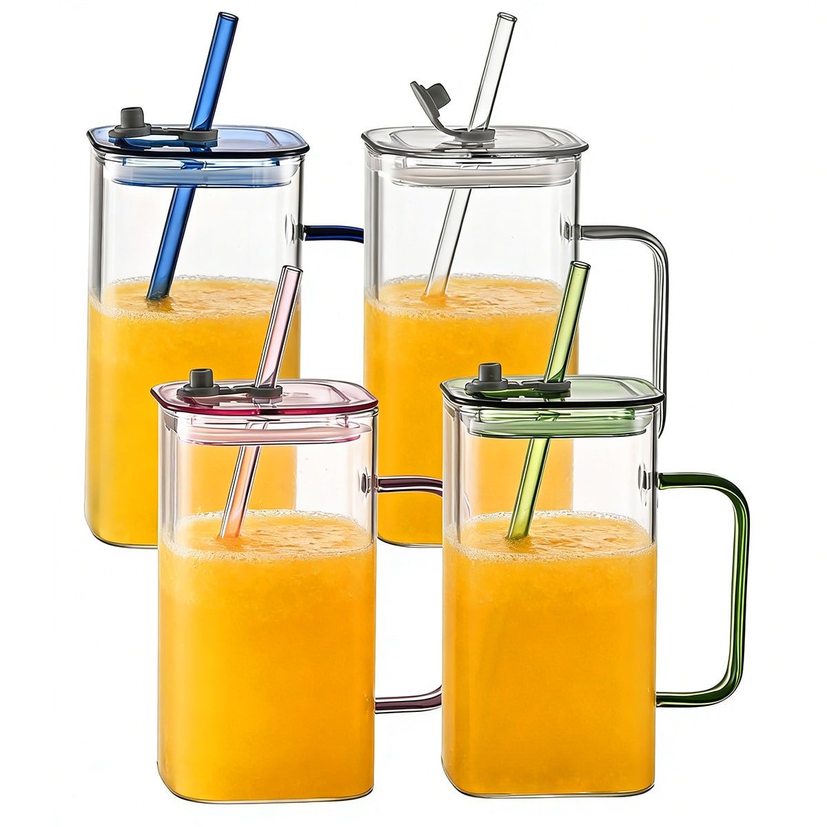 1 Pcs Pink Glass Straw Cup, 4 Colors Square Glass Cup With Straw And Lid, High Borosilicate Glass Cup, Milk Cup, Juice Cup, Cold Drink Cup, Coffee Cup, Tea Cup, Office Cup, Gift Cup