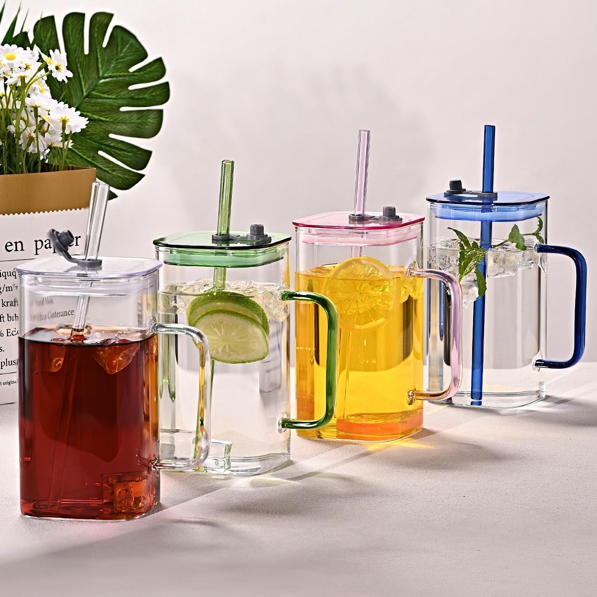 1 Pcs Pink Glass Straw Cup, 4 Colors Square Glass Cup With Straw And Lid, High Borosilicate Glass Cup, Milk Cup, Juice Cup, Cold Drink Cup, Coffee Cup, Tea Cup, Office Cup, Gift Cup