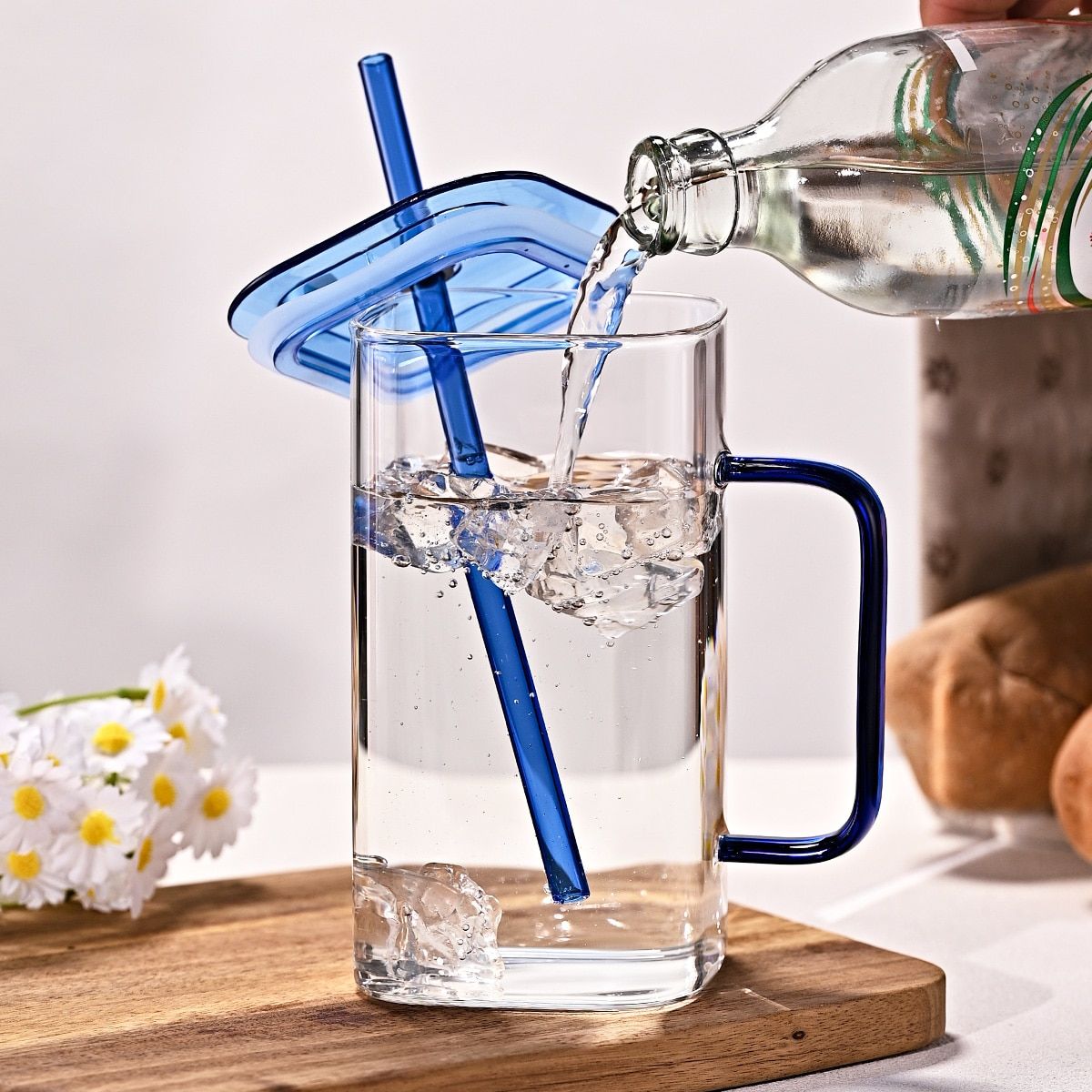 1 Pcs Pink Glass Straw Cup, 4 Colors Square Glass Cup With Straw And Lid, High Borosilicate Glass Cup, Milk Cup, Juice Cup, Cold Drink Cup, Coffee Cup, Tea Cup, Office Cup, Gift Cup