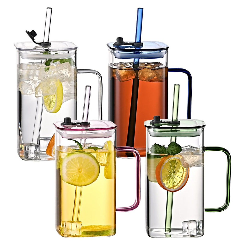 1 Pcs Pink Glass Straw Cup, 4 Colors Square Glass Cup With Straw And Lid, High Borosilicate Glass Cup, Milk Cup, Juice Cup, Cold Drink Cup, Coffee Cup, Tea Cup, Office Cup, Gift Cup