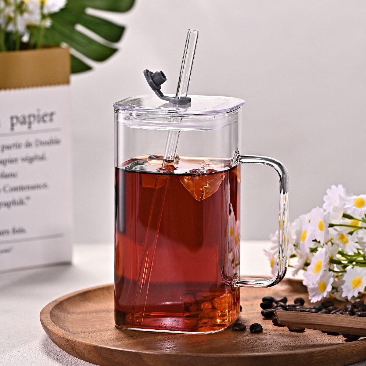 1 Pcs Pink Glass Straw Cup, 4 Colors Square Glass Cup With Straw And Lid, High Borosilicate Glass Cup, Milk Cup, Juice Cup, Cold Drink Cup, Coffee Cup, Tea Cup, Office Cup, Gift Cup