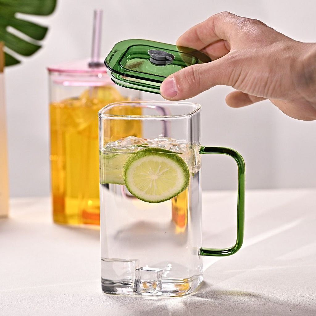 1 Pcs Pink Glass Straw Cup, 4 Colors Square Glass Cup With Straw And Lid, High Borosilicate Glass Cup, Milk Cup, Juice Cup, Cold Drink Cup, Coffee Cup, Tea Cup, Office Cup, Gift Cup