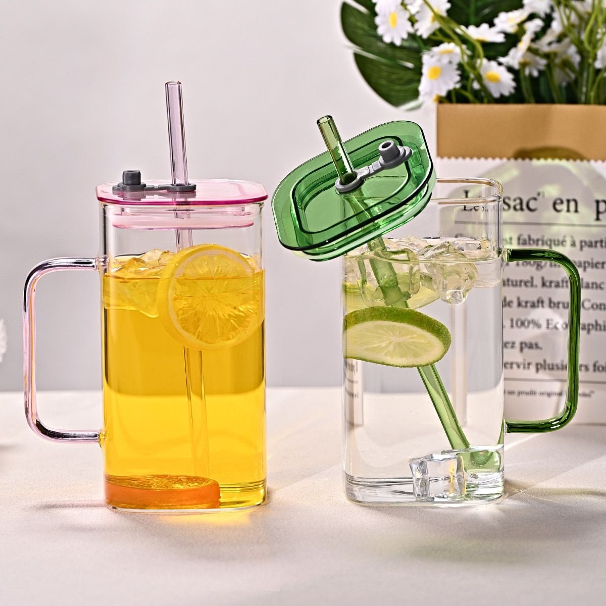 1 Pcs Pink Glass Straw Cup, 4 Colors Square Glass Cup With Straw And Lid, High Borosilicate Glass Cup, Milk Cup, Juice Cup, Cold Drink Cup, Coffee Cup, Tea Cup, Office Cup, Gift Cup