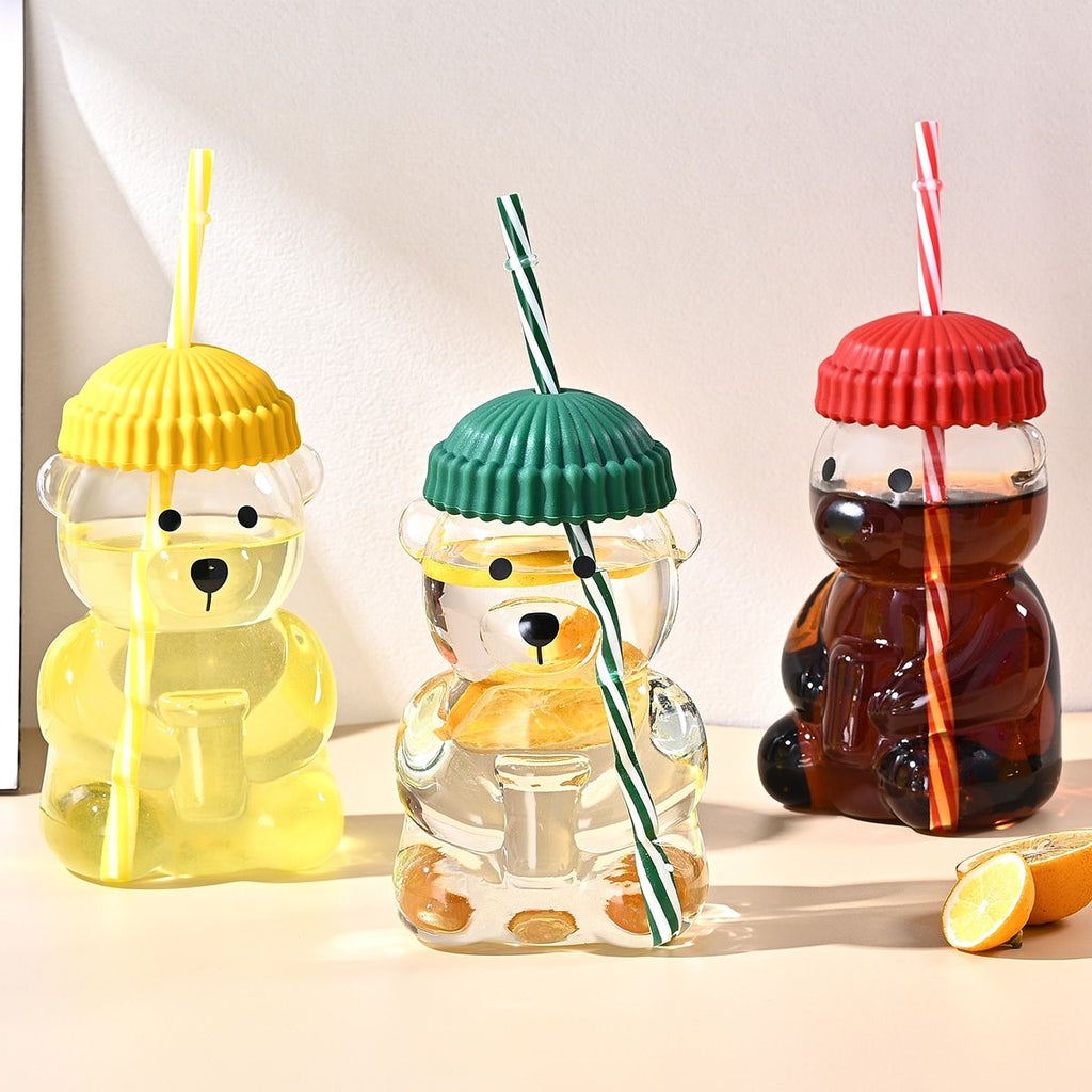 1 PCS 20 OZ Yellow Little Bear Glass Straw Cup High Borosilicate Heat-resistant Glass Cup For Juice, Milk and Cold drinks