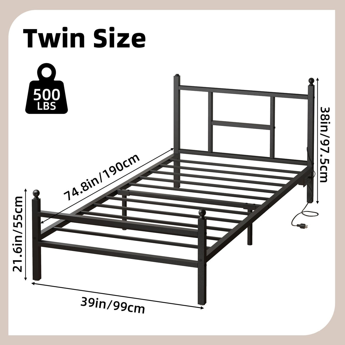 Twin Bed Frame with RGB LED Lights and Charging Station, Metal Platform Bed with Headboard and Footboard, Built-in 2 Outlets and 2 USB Ports, No Box Spring Needed, 500lbs Heavy Duty, Black