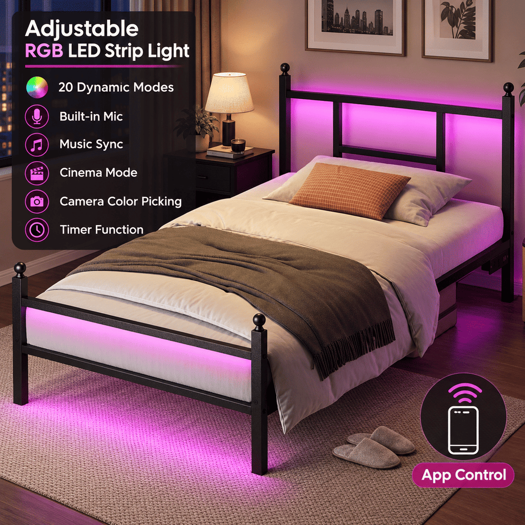 Twin Bed Frame with RGB LED Lights and Charging Station, Metal Platform Bed with Headboard and Footboard, Built-in 2 Outlets and 2 USB Ports, No Box Spring Needed, 500lbs Heavy Duty, Black