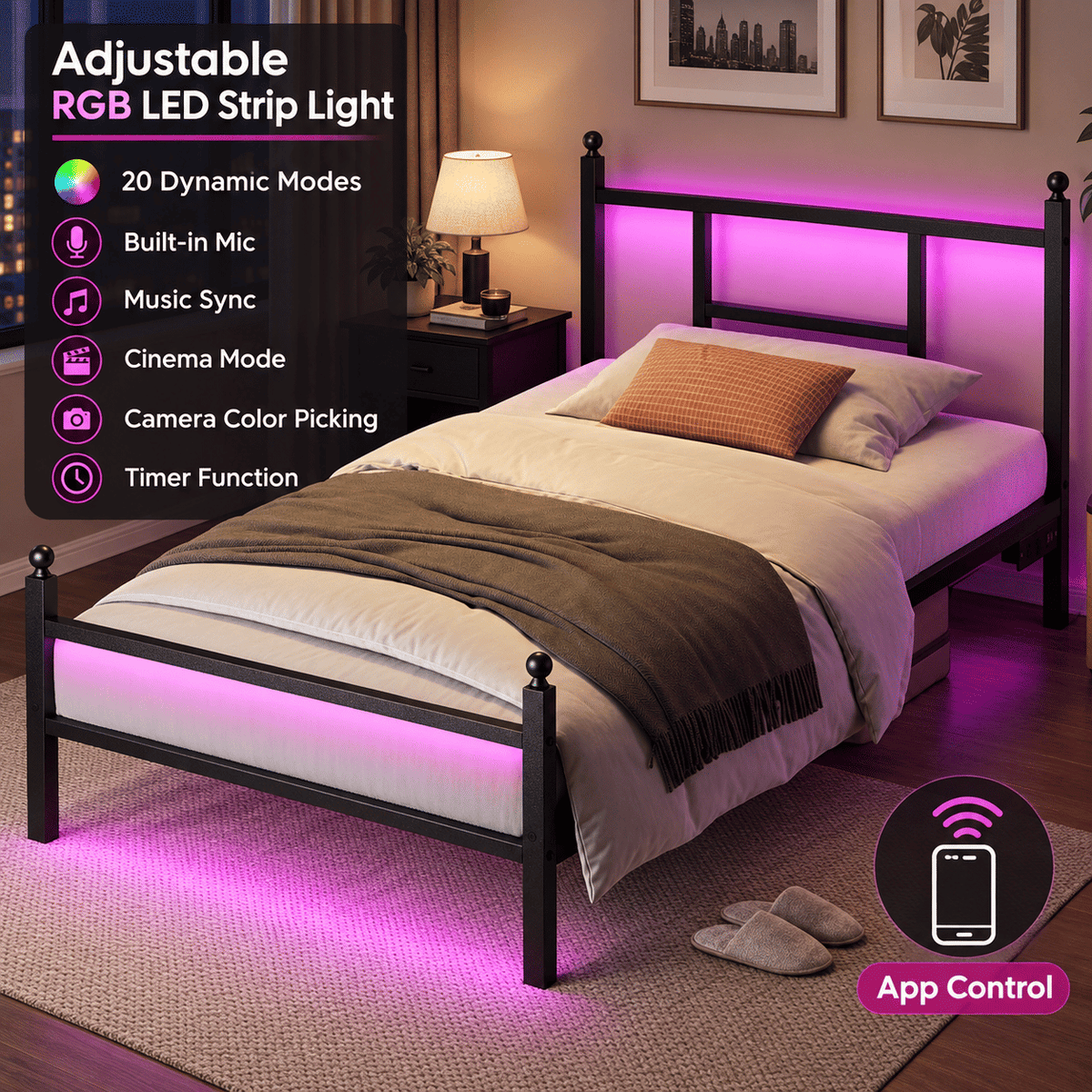 Twin Bed Frame with RGB LED Lights and Charging Station, Metal Platform Bed with Headboard and Footboard, Built-in 2 Outlets and 2 USB Ports, No Box Spring Needed, 500lbs Heavy Duty, Black