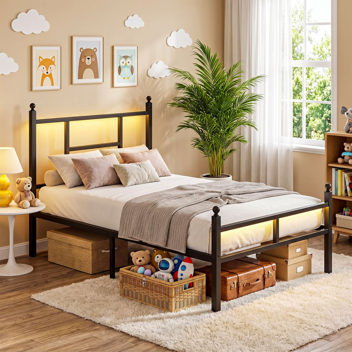 Twin Bed Frame with RGB LED Lights and Charging Station, Metal Platform Bed with Headboard and Footboard, Built-in 2 Outlets and 2 USB Ports, No Box Spring Needed, 500lbs Heavy Duty, Black
