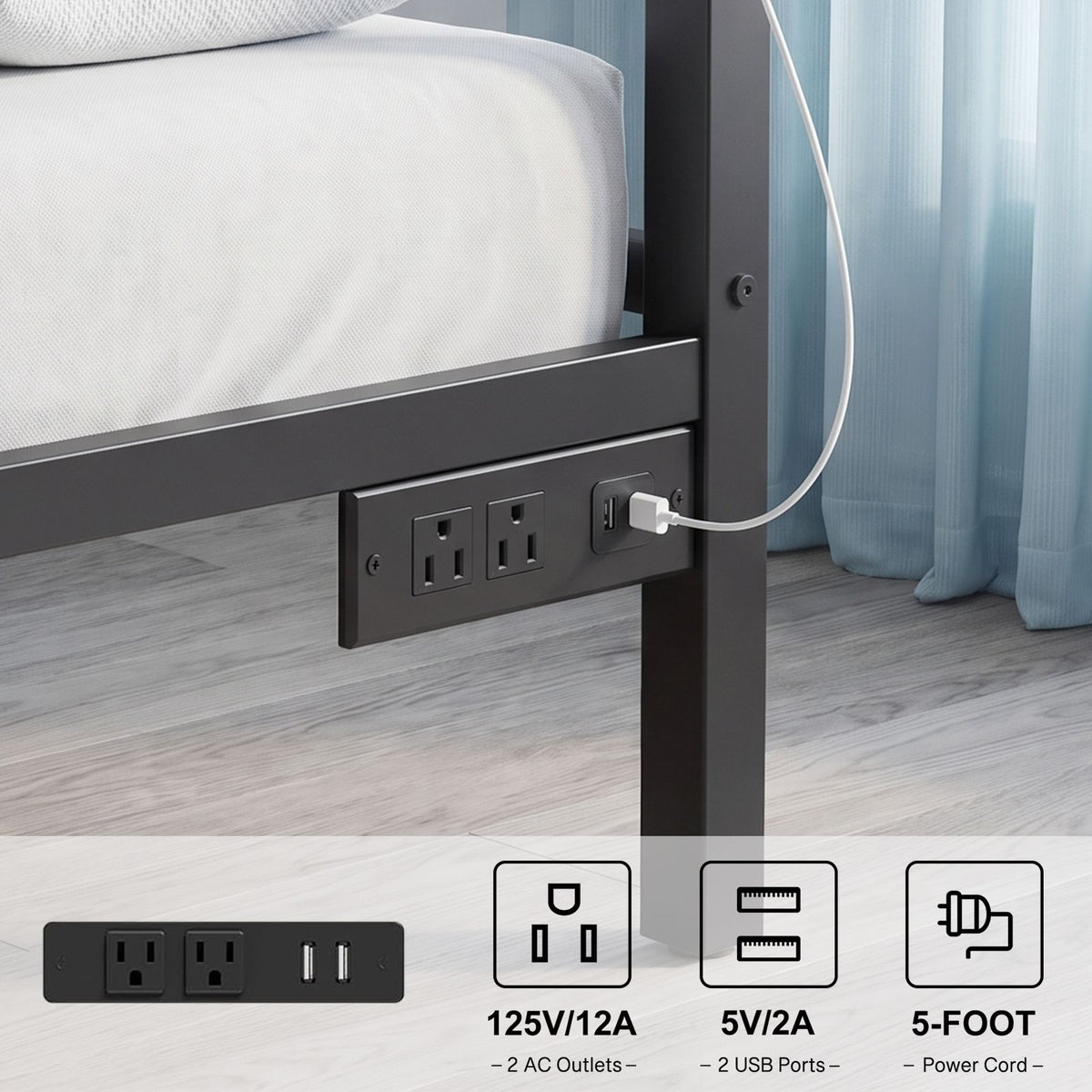 Twin Bed Frame with RGB LED Lights and Charging Station, Metal Platform Bed with Headboard and Footboard, Built-in 2 Outlets and 2 USB Ports, No Box Spring Needed, 500lbs Heavy Duty, Black