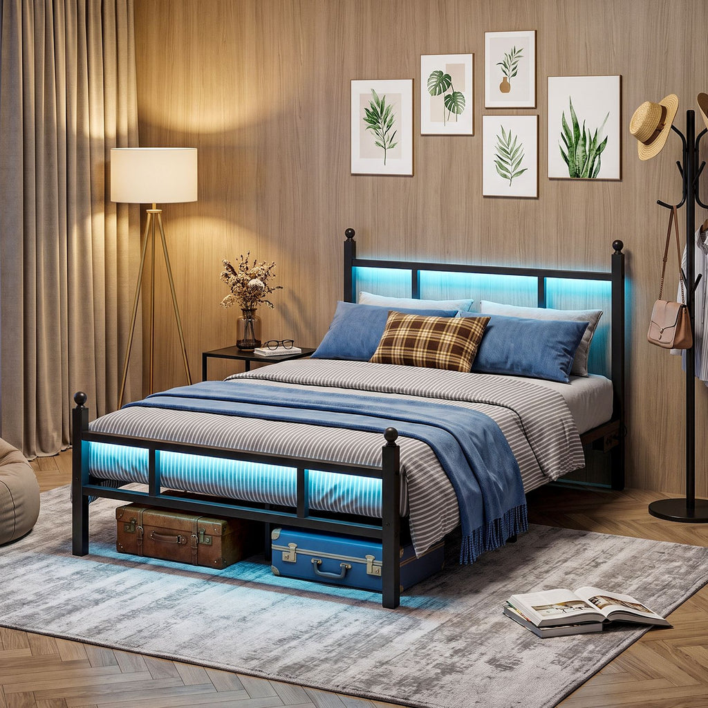 Twin Bed Frame with RGB LED Lights and Charging Station, Metal Platform Bed with Headboard and Footboard, Built-in 2 Outlets and 2 USB Ports, No Box Spring Needed, 500lbs Heavy Duty, Black