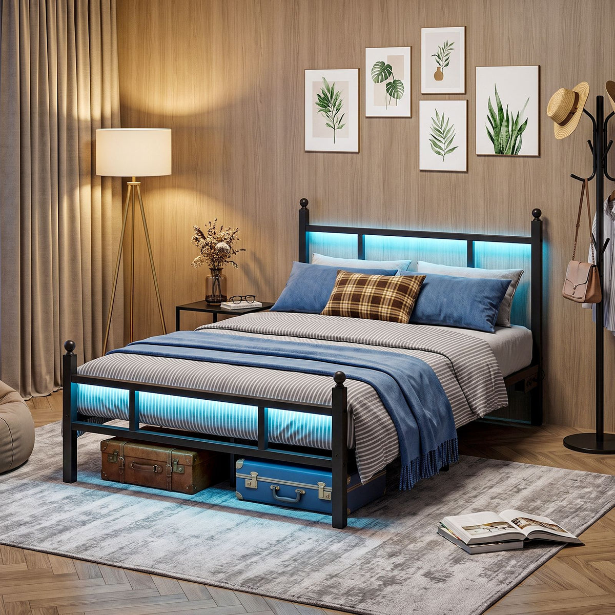 Twin Bed Frame with RGB LED Lights and Charging Station, Metal Platform Bed with Headboard and Footboard, Built-in 2 Outlets and 2 USB Ports, No Box Spring Needed, 500lbs Heavy Duty, Black