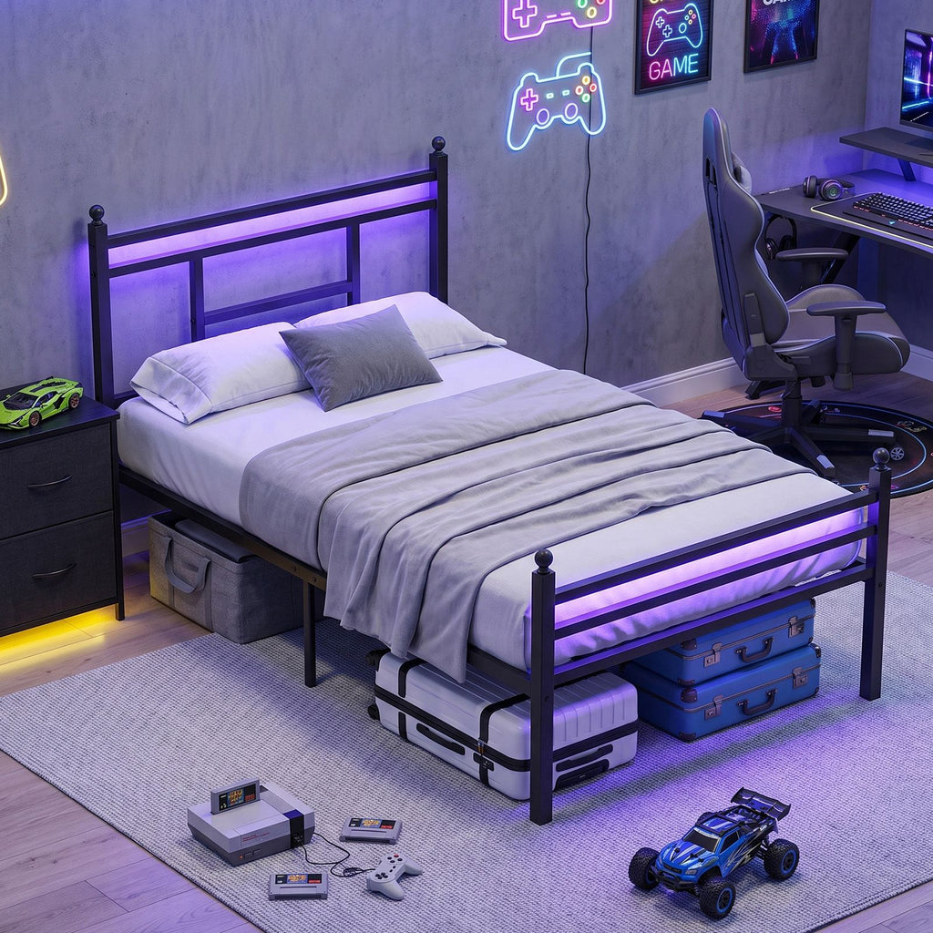 Twin Bed Frame with RGB LED Lights and Charging Station, Metal Platform Bed with Headboard and Footboard, Built-in 2 Outlets and 2 USB Ports, No Box Spring Needed, 500lbs Heavy Duty, Black