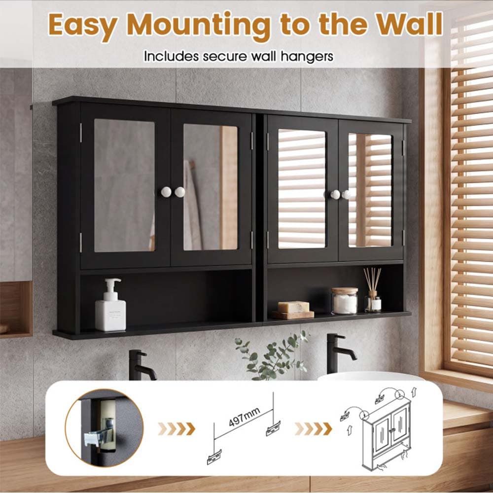Double Door Wall-Mounted Bathroom Mirror Cabinet with Storage Shelf