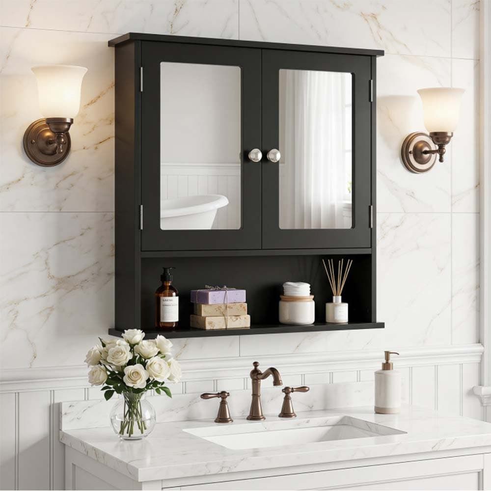 Double Door Wall-Mounted Bathroom Mirror Cabinet with Storage Shelf