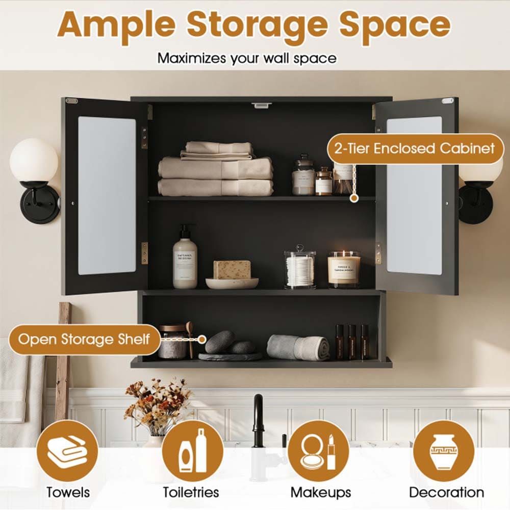 Double Door Wall-Mounted Bathroom Mirror Cabinet with Storage Shelf