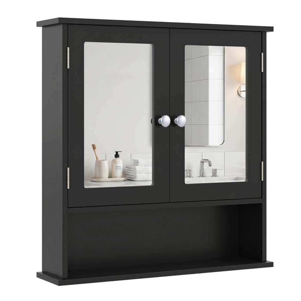 Double Door Wall-Mounted Bathroom Mirror Cabinet with Storage Shelf