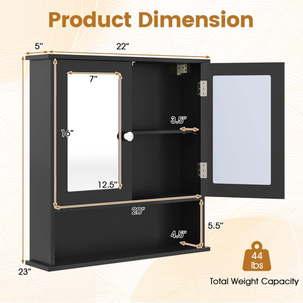 Double Door Wall-Mounted Bathroom Mirror Cabinet with Storage Shelf