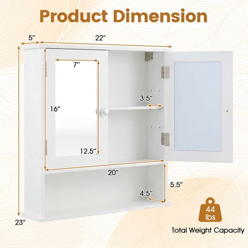 Double Door Wall-Mounted Bathroom Mirror Cabinet with Storage Shelf