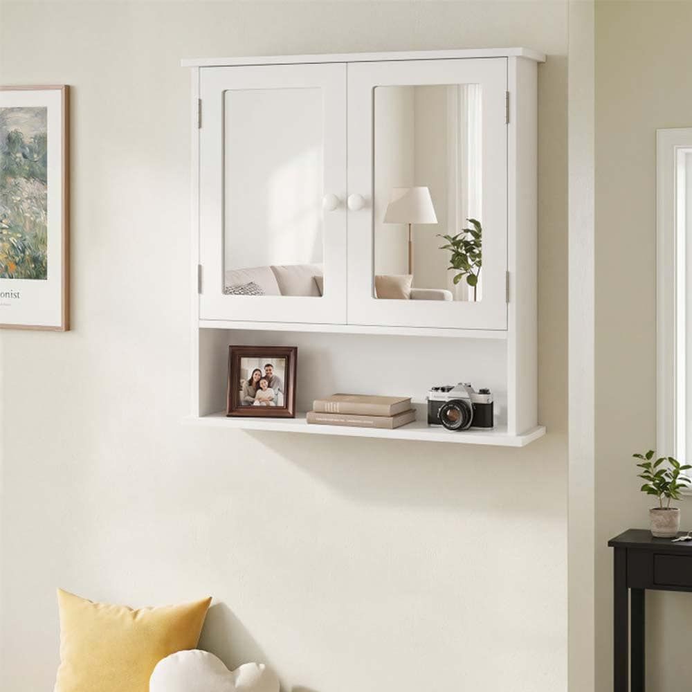 Double Door Wall-Mounted Bathroom Mirror Cabinet with Storage Shelf